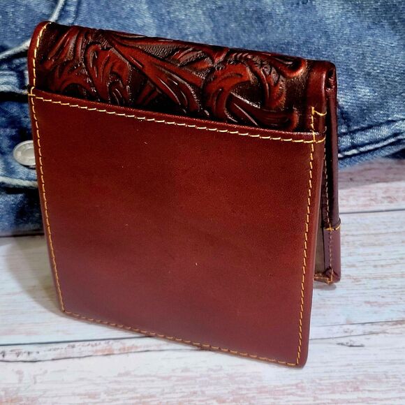 Western Wallet Mexican Embossed Leather Floral Cutout Layered Bifold - Picture 3 of 8
